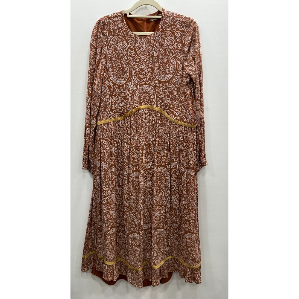 September Dress Womens XS Brown Paisley Rayon Long Sleeve Boho Cottagecore Midi
